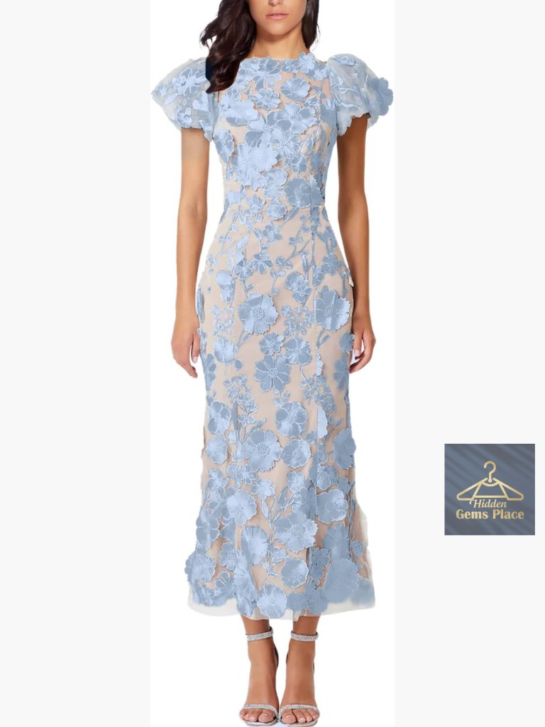 3d Floral Embroidery Ruffle Sleeve Fishtail Lace Bodycon Cocktail Mini Dress